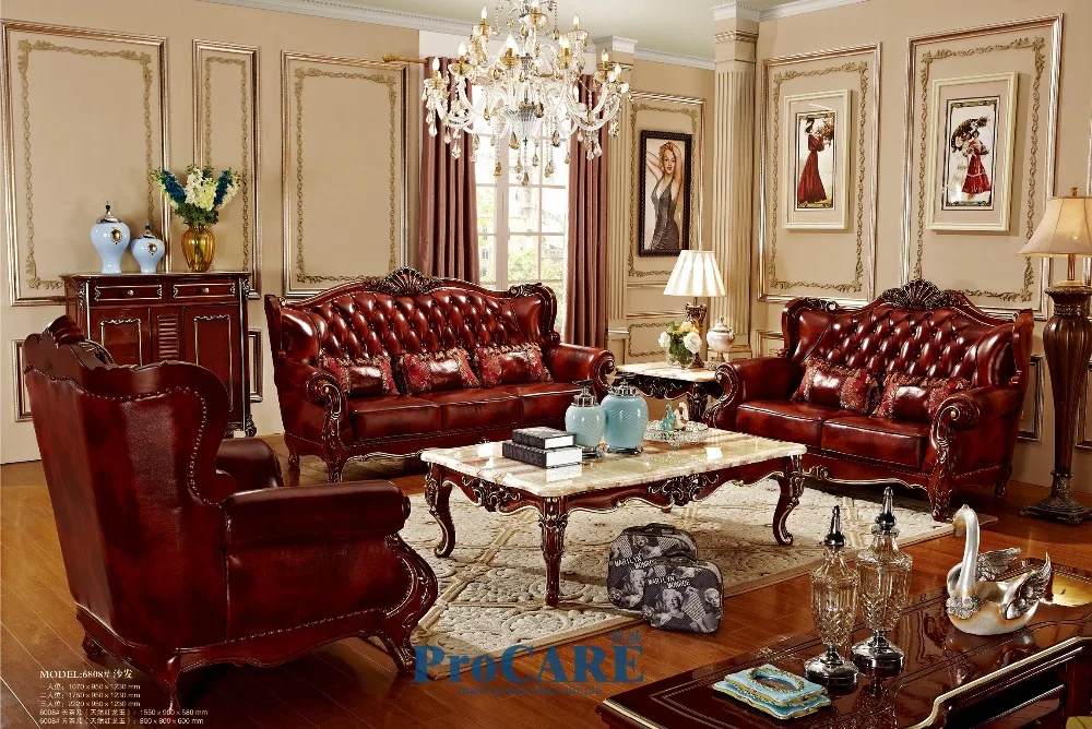 luxury 3 different sets red solid wood genuine leather sofas set living room furniture with coffee table in China-PRF6801/05/08