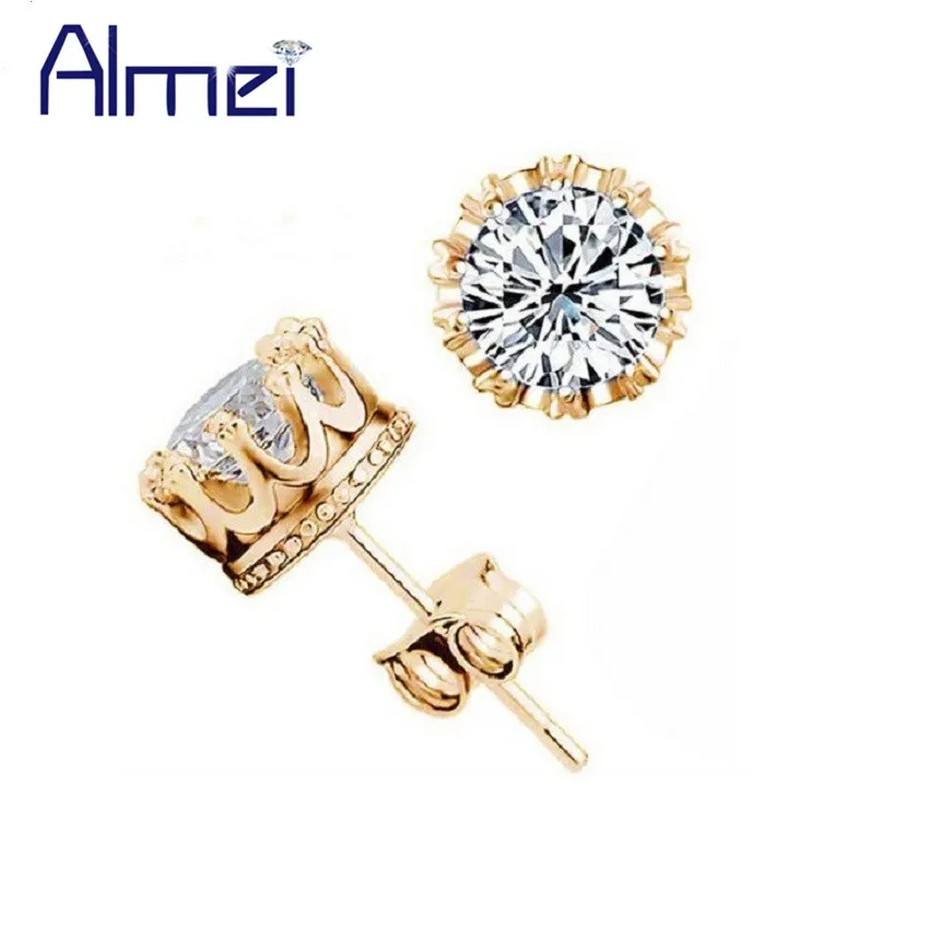 Мужские и женские серьги с короной Almei Серебристые серьги-гвоздики кристаллами