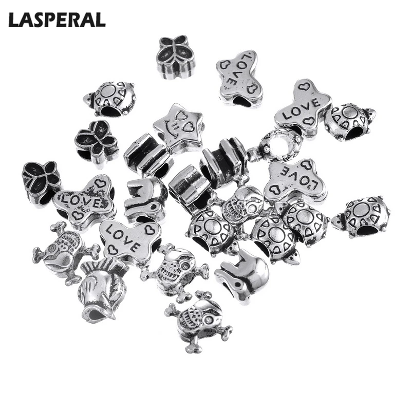 

LASPERAL Alloy Beads 50PCs Mixed Silver Color European Charm Beads Skull Turtle Fish Spacer Metal Beads Fit Diy Bracelet Jewelry