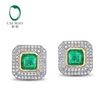 CaiMao 1.84ct Natural Emerald 18KT/750 White and Yellow Gold 0.51ct Round Cut Diamond Earrings Jewelry Gemstone