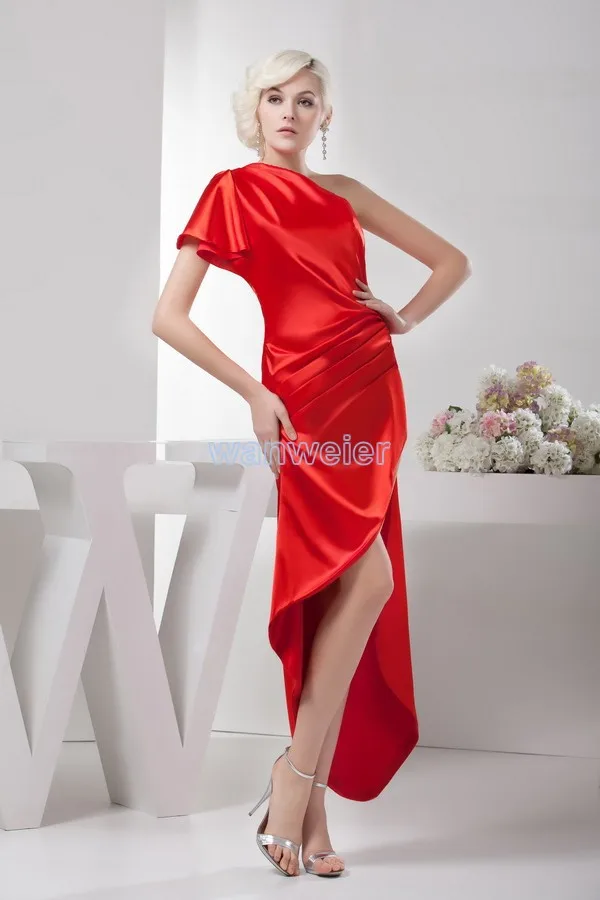 vestidos formales 2013 горячий продавец фактический изображения короткий передний долго назад одно плечо pleat красные платья невесты
