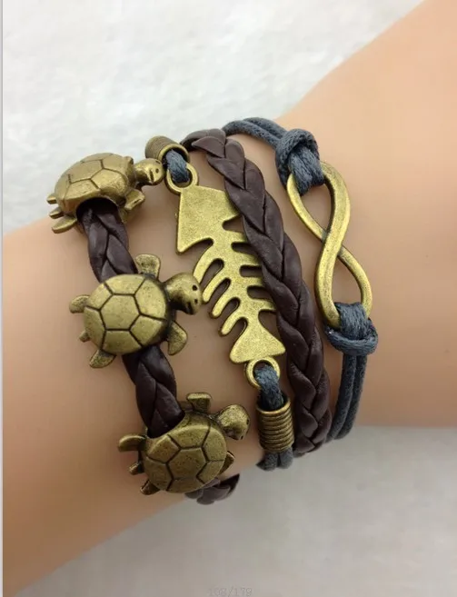 Infinity, Fish Bone and Turtles Charm Bracelet in Antique Bronze - Wax Cords and Leather Braid Bracelet - Best Chosen Gift 1781