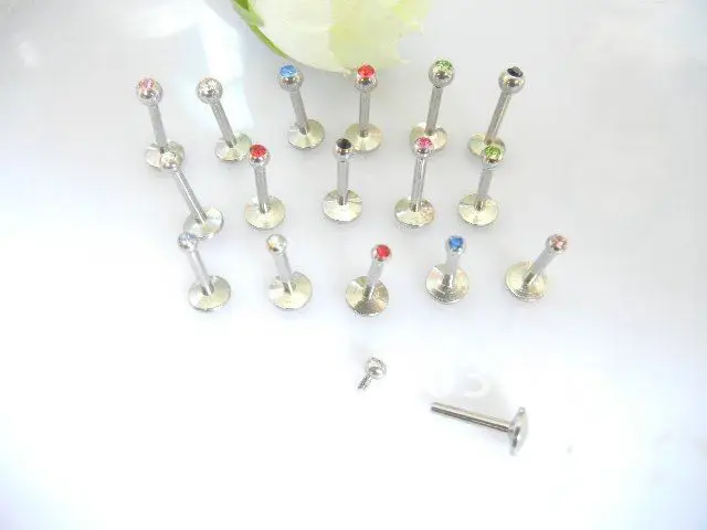 Бесплатная пересылка Lot100pcs 16 г ~ 1.2 мм Кристалл Самоцветы губ лабретка кольцо Бар Украшения для тела