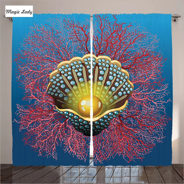 Us 93 87 Navy Blue Curtains Living Room Bedroom Pearls Mussels Ivy Coral Deep Down The Sea Print Red Golden Decor 2 Panels Set 145 265 In Curtains