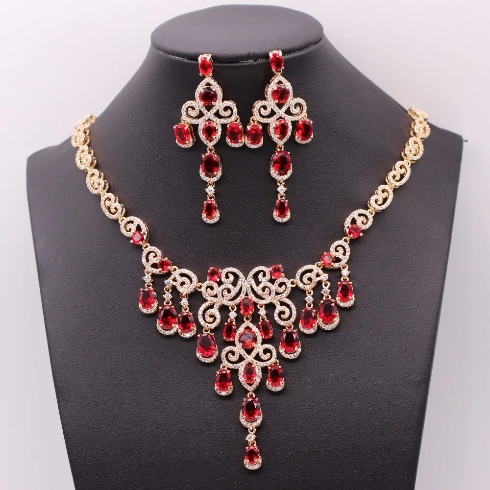 

JY Elegance Bride Wedding Charm Jewelry Sets Shine Oval Red Crystal Zircon Long Earrings&Necklace for women Anniversary Gift