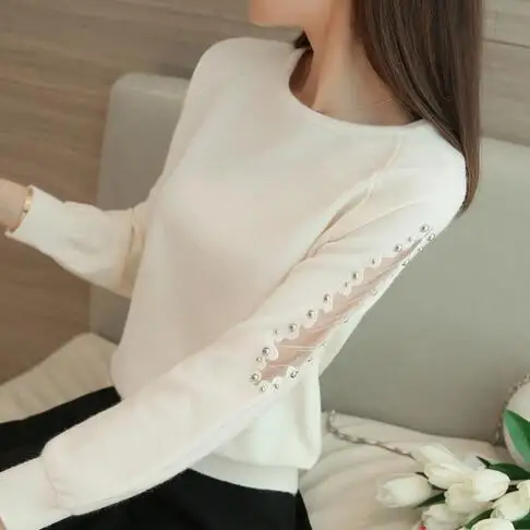white OHCLOTHING весенние свободные свитера с кружевными бусинами, Женский Короткий кружевной свитер с бусинами, универсальная одноцветная рубашка - Цвет: white