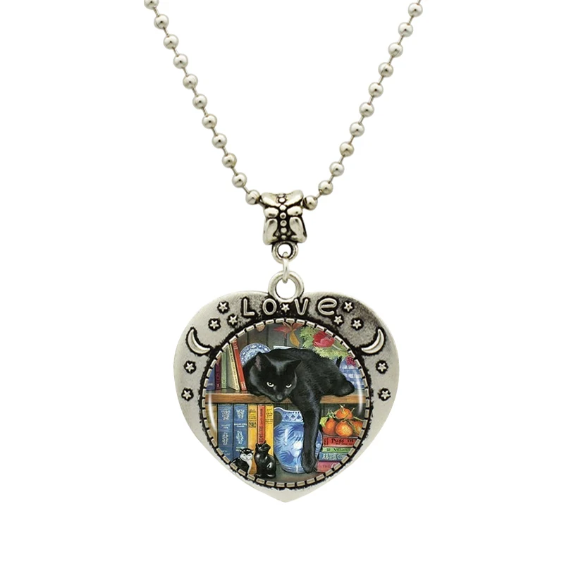 Black Cat Wicca Logo Silver Heart Pendants Long Chain Necklace Fashion