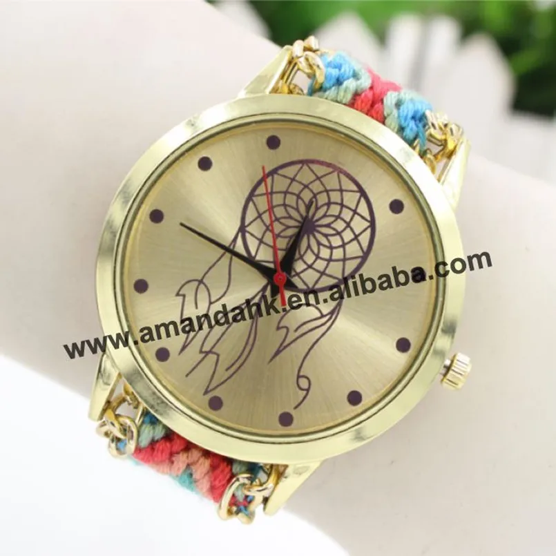 

100pcs/lot Ring Handmade Rope Bracelet Wristwatch Bohemia Geneva Golden Chain Fabric Dress Watch Fashion Women Casual Watch