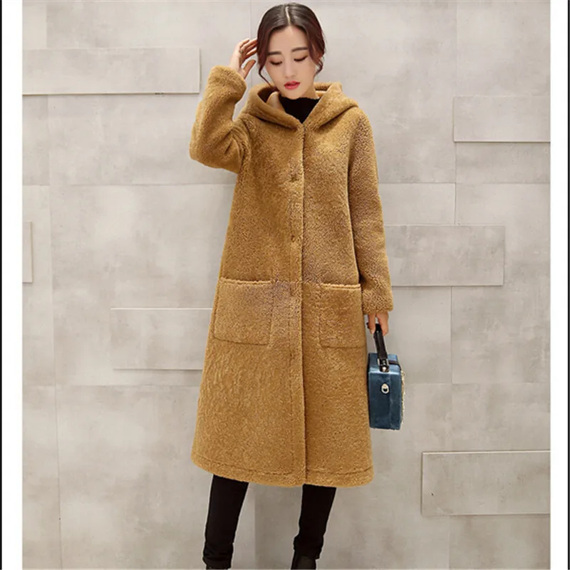 Lambs wool Parka Female Fur coat Latest Lambs wool + PU Hooded Camel