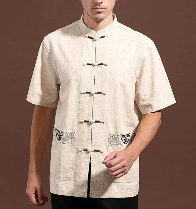 Мода китайский Для мужчин бежевый хлопок лен кунг-фу вышивать рубашка с карманом M, L, XL, XXL, XXXL Бесплатная доставка M888-5