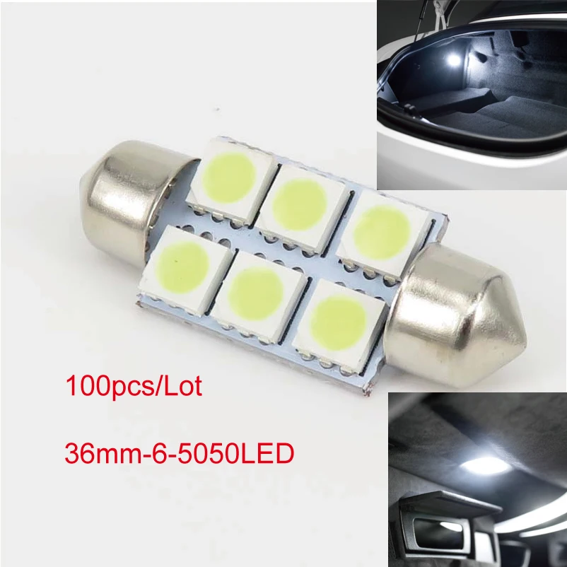 100 шт. 36 мм 5050 6smd Белый Micro Генеральный салона гирлянда светодиодная Лампочки лампа DC12V