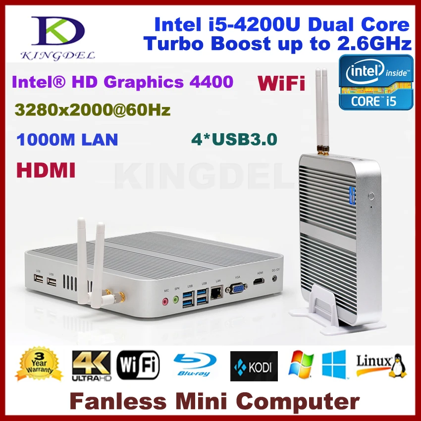 2016 Fanless Mini pc Core i3 5005u i5 4200u with USB3.0, VGA, HDMI, LAN, Windows 10 OS, HTPC