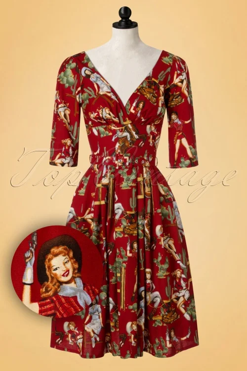 40- summer women vintage 50s red livia cowgirl frock v neck swing midi dress rockabilly pinup vestidos plus size 4xl dresses