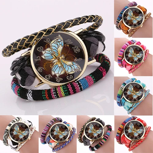 Для женщин Этническая Стиль Бабочка Multi Слои Плетеный ladied Кварц Браслет наручные