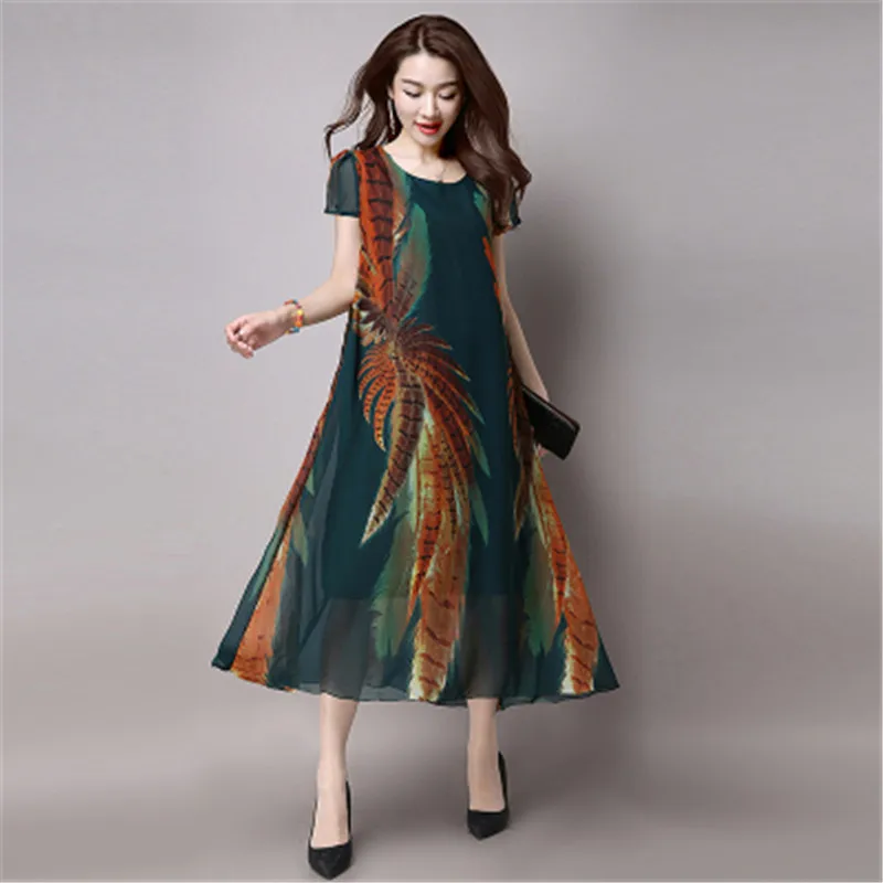

HOT 6XL New Middle-aged Women's Summer O-neck Print Chiffon Long Dress Fashion Plus Size Loose Mother Chiffon Dress 12Color C8