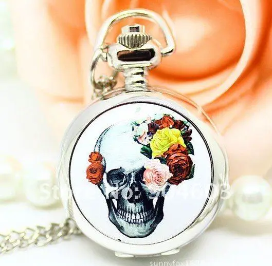 6008 S) 12 шт/партия Викторианский стиль эмаль Skullcandy Роза дизайн зеркало карманные часы ожерелье