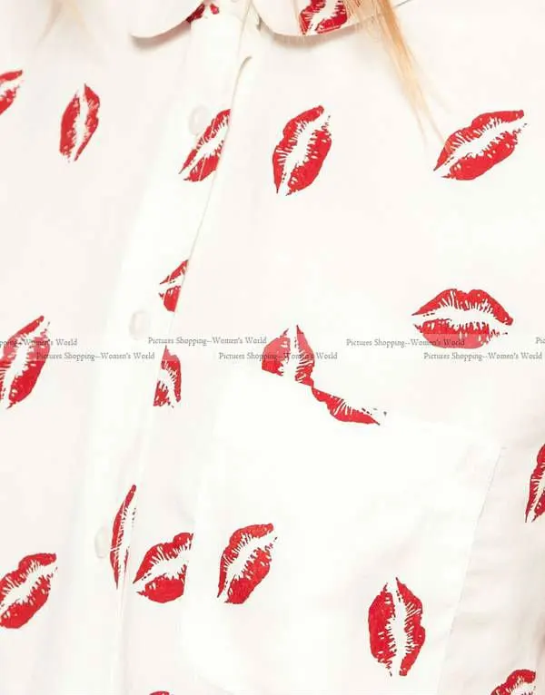 Новая модная женская сексуальная шифоновая блузка с принтом красных губ, элегантные женские рубашки с длинным рукавом, повседневные топы белого и черного цвета, большие размеры