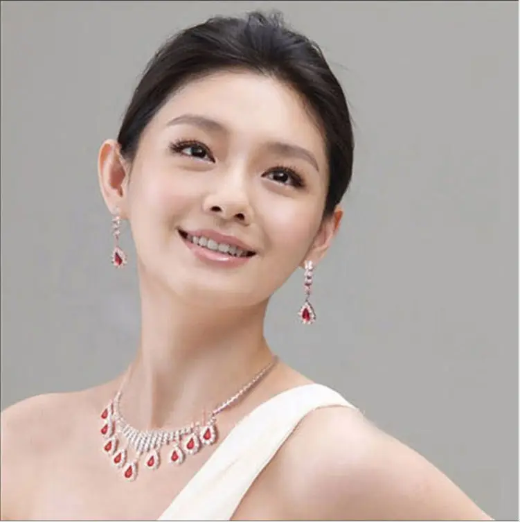 Crystal Pearl Flower Bride 3 Pcs Set Necklace Earrings Wedding Tiara Wedding Jewelry Set Accessories For Women   Red White