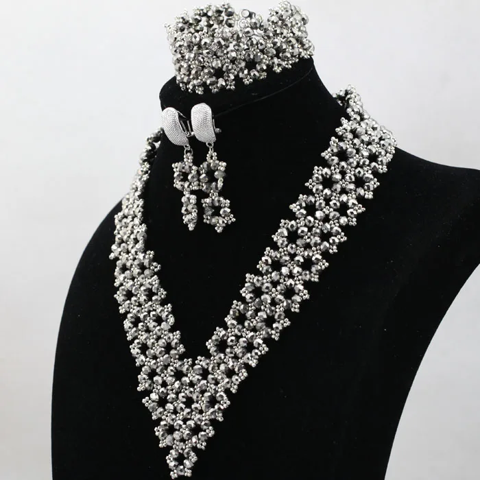 Simple Silver Crystal Party Statement Jewelry Set Chunky Bib Wedding Nigerian Jewelry Set Lady Birthday Gift Free shipping WD038