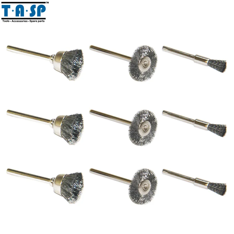 

TASP Steel Wire Brushes Wheels 9PC Mini Drill Rotary Tool Abrasive Accessories