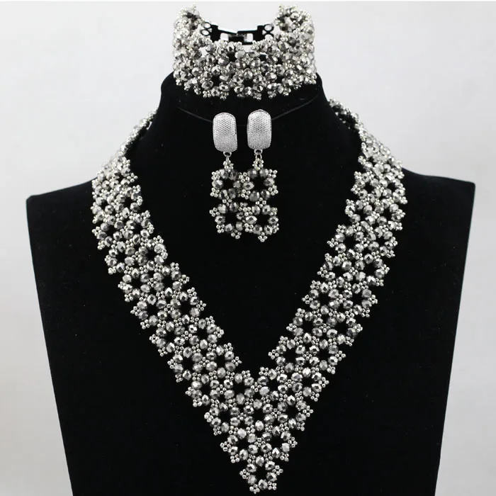 Simple Silver Crystal Party Statement Jewelry Set Chunky Bib Wedding Nigerian Jewelry Set Lady Birthday Gift Free shipping WD038
