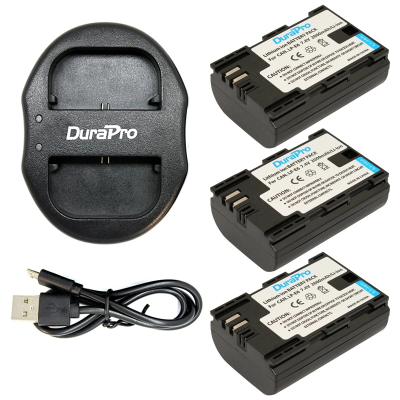 DuraPro 3Pcs 2000mAh LP-E6 LP-E6N Battery+USB Dual Charger for Canon EOS 5D Mark II, 5D Mark III, 6D,7D,60D,70D,7D Mark II,XC10 зарядное устройство canon ac e6n for eos 5d mark ii eos 5d mark iii eos 70d eos 6d eos 7d eos 7dmark ii eos 5ds