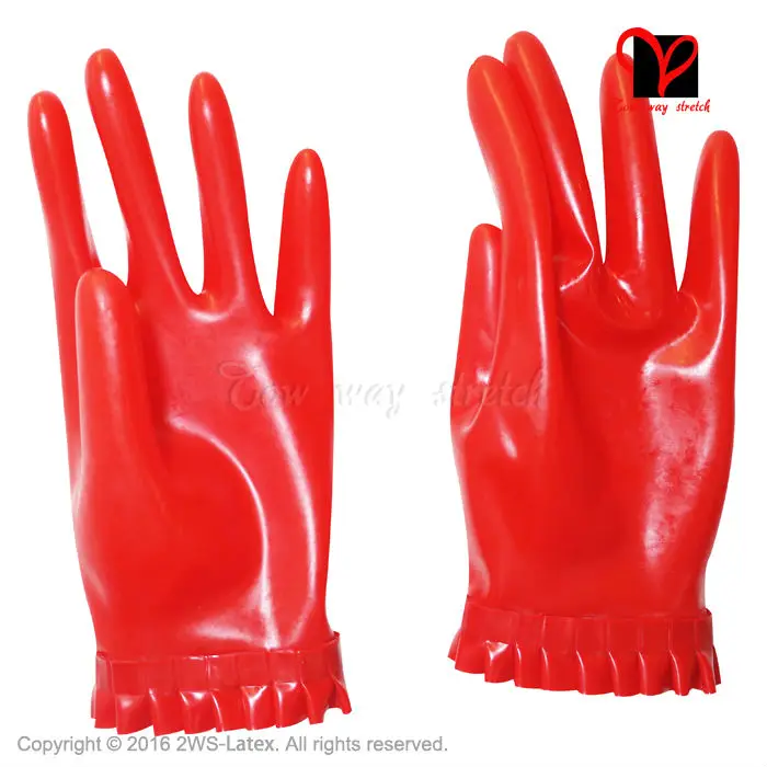 Сексуальный красный латекс оборками Прихватки для мангала планки Короткие наручные пять пальцев опера перчатки резиновые варежки gummi руку
