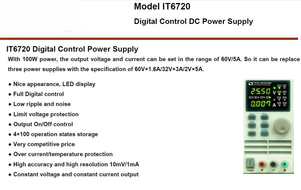 Цифровое управление, программирование питания постоянного тока IT6720 один Выход 60 В/5A/100 Вт