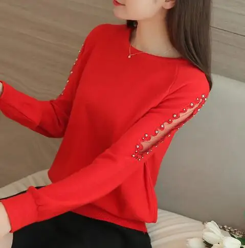 red OHCLOTHING весенние свободные свитера с кружевными бусинами, Женский Короткий кружевной свитер с бусинами, универсальная одноцветная рубашка - Цвет: red