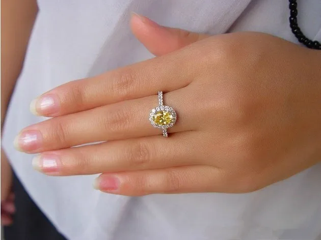 2ct Lucky Стиль SOLID 18 К белое золото овал Форма желтый настоящий бриллиант Engagment кольцо чистый au750 золотые украшения для ее