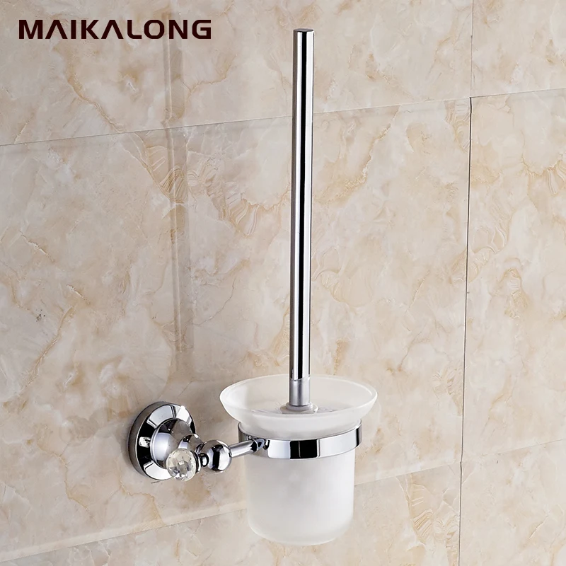 chrome.Wall Mounted Brass & Crystal Toilet Brush Holder+ Ceramic Cup