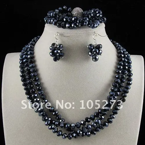Очаровательная! Синий кристалл Бусины Jewelry Set 3 ряда голубой цвет модные Ювелирные изделия из кристаллов комплект женские Модные ювелирные