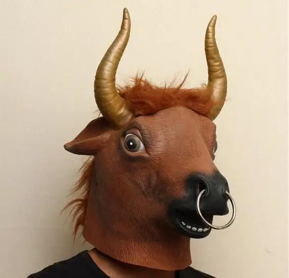 Brown Natural Latex Khaki Cow Bull Head Mask Costume Halloween Animals