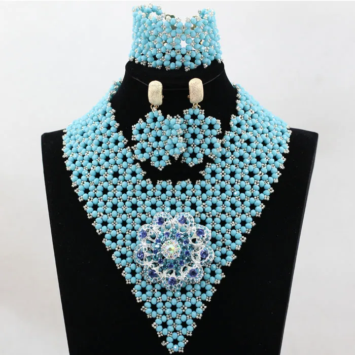 Simple Silver Crystal Party Statement Jewelry Set Chunky Bib Wedding Nigerian Jewelry Set Lady Birthday Gift Free shipping WD038 - Окраска металла: 18