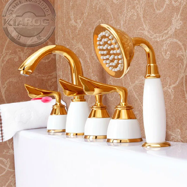 Три ручки и один душ головы Ванна золото Faucet. золото Ванна водопроводный кран. Ванная комната золото Ванна смеситель 5 комплектов GY-607S