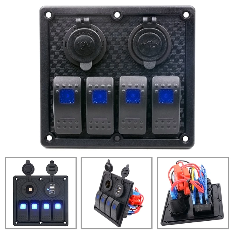 1PC Universal Auto ATV Marine Boat 4 Gang Circuit Blue LED Rocker Panel