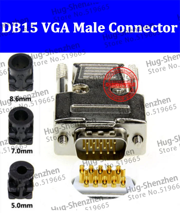 Верхняя D-Sub 15-контактная DB15 VGA 3-рядная позолоченная штепсельная вилка
