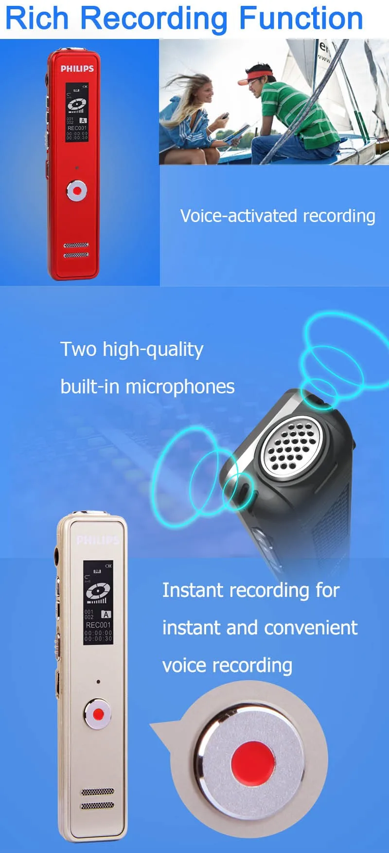 8 ГБ Цифровой диктофон Philips ручка два высококачественных встроенных микрофона Голосовая активация мгновенная запись VTR5100