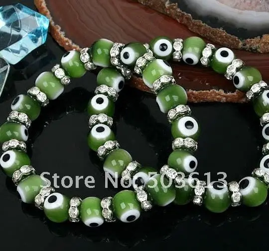 Одна часть 10 мм зеленый сглаза Lampwork Стекло браслет (eb1001)