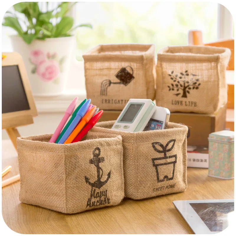 Linen Storage Bag For Office Desk Organizer 11*11*9.5cm Japanese Style Storage Bags For Cosmetic