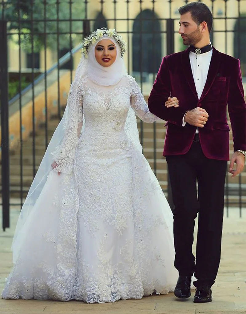 Omy090 люкс с длинным рукавом мусульманское свадебное платье высокая шея русалка