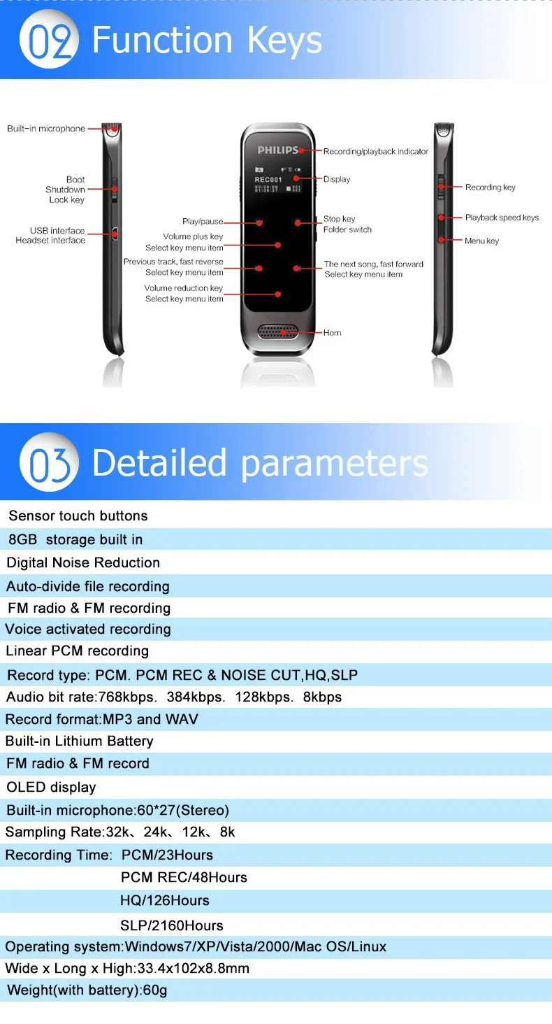 Диктофон PHILIPS 8 Гб сенсорная ручка с кнопками до 2160 часов записи звука oled-дисплей черный синий белый цвет VTR6600