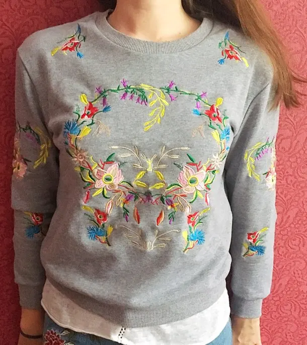 2016 Fall style fashion Women Positioning flower embroidery knitting Pullover Casual brand Long sleeve tops Sweatshirts SW200