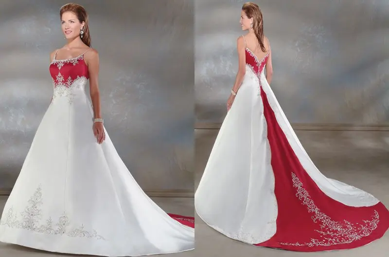 Лидер продаж элегантные трапециевидные бретельки на бретельках вышитые белые и красные атласные свадебные платья