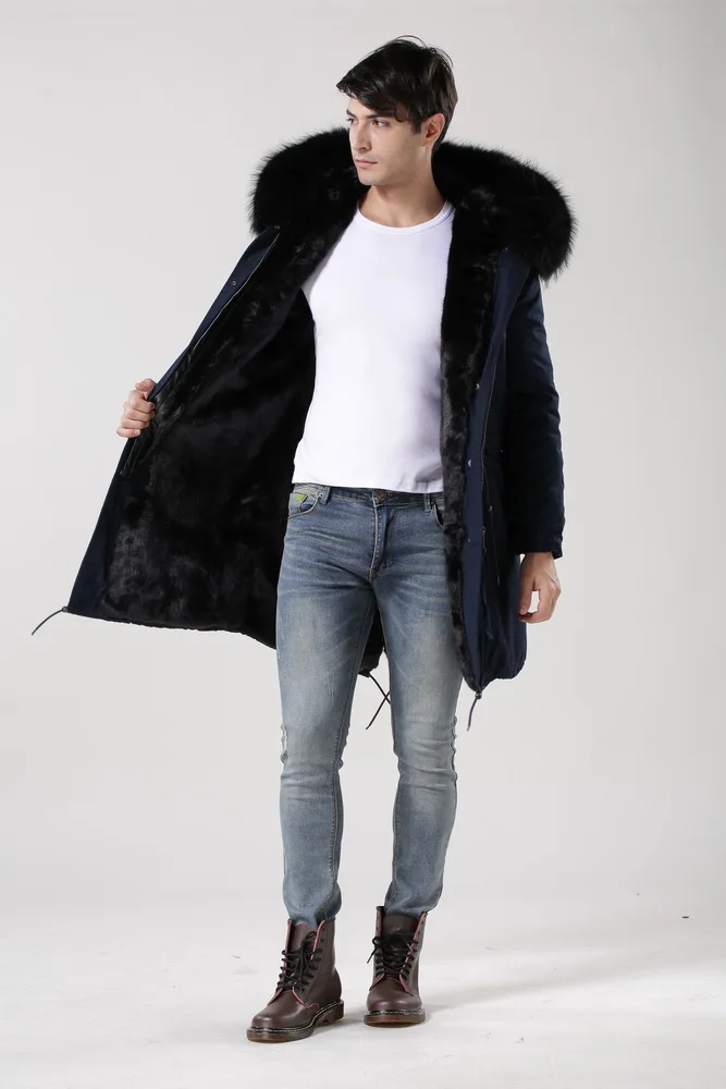 Unisex style navy winter jacket with fur trimmed and fur lining coats