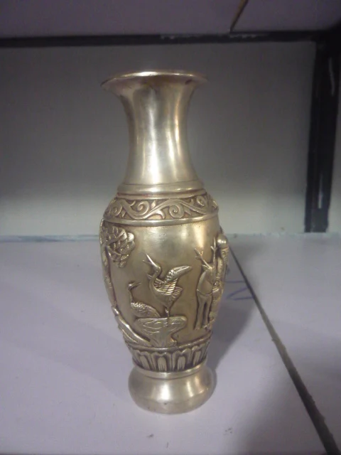 Редкий Старый QingDynasty Серебряная ваза, Кран и сосны, Лотос, Украшения, бесплатная доставка