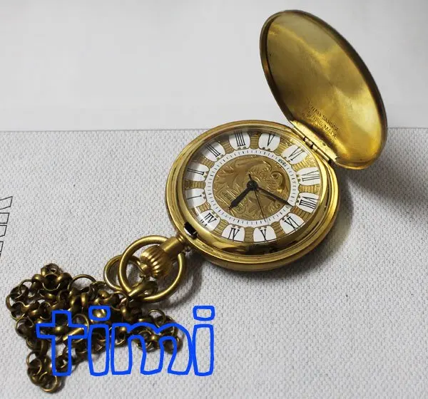 Personalised Half Hunter 100% Brass Crop Plated Skeleton Pocket Mechanical Watch freeship