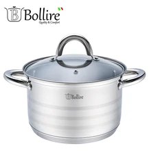 BR-2003 Кастрюля Bollire 3,1 л 20 см, Нержавеющая сталь, 5-ти слойное дно, Крышка из термостойкого стекла с отверстием для выпуска пара, Подходит для всех видов плит, включая индукционные
