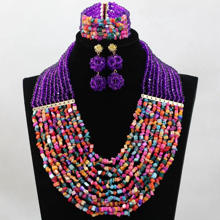 Amazing Purple Multicolor African Bridal Beads Jewelry Set Women Coustume Necklace Earrings Set Free Shipping WD025 amazing women