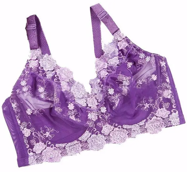 BAICLOTHING женщины большого размера полный охват Цветочные Embrodiery ультра-тонкий бюстгальтер белье для женщин 34 36 38 40 42 44 46 48 B C D E F - Цвет: Purple